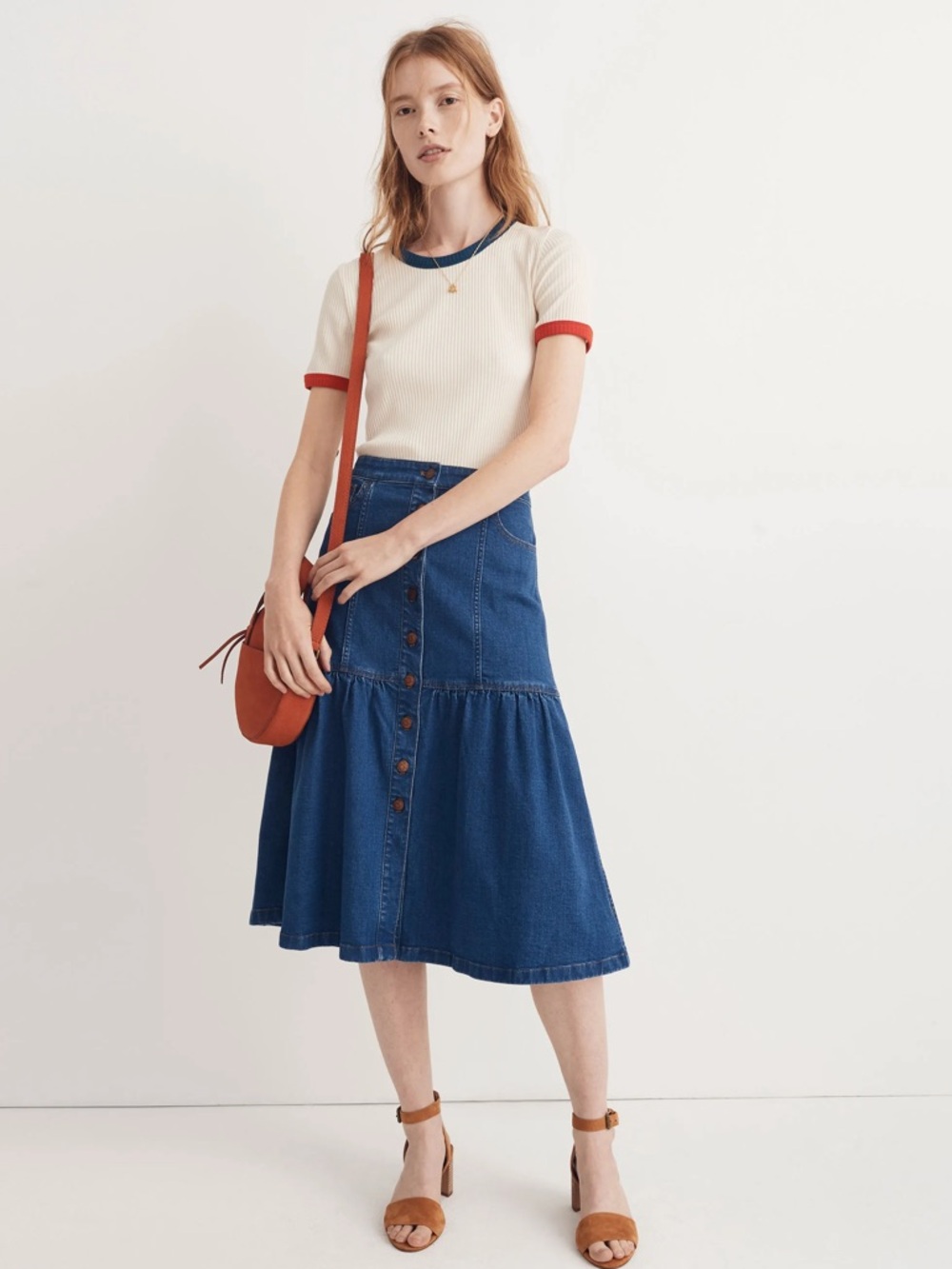 NWT Madewell Bayview Denim Tiered Button-Front Midi Skirt Winona Wash 26